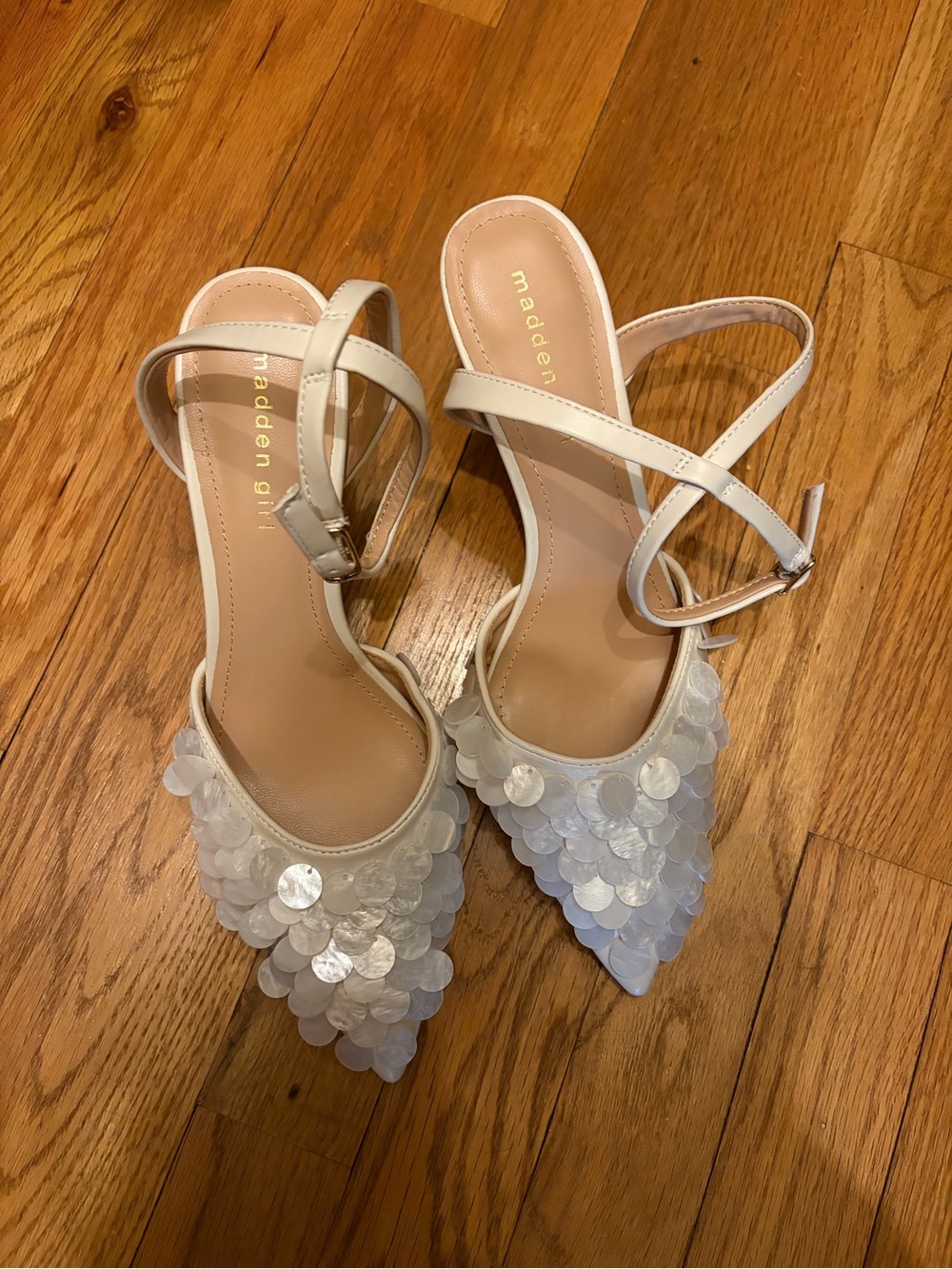 Madden Girl White Sequin Pointed Toe Kitten Heels w ankle strap